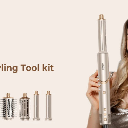 UKLISS 643 Champagne Color 8-in-1 Hot Air Styler Set, Detachable Multi Functional Hair Styling Tool, Hair Dryer, Curling Wand, Straightening Brush & Flat Iron All in One, Foldable Rotatable Auto Curler for Quick Drying, Smoot