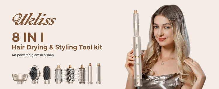 UKLISS 643 Champagne Color 8-in-1 Hot Air Styler Set, Detachable Multi Functional Hair Styling Tool, Hair Dryer, Curling Wand, Straightening Brush & Flat Iron All in One, Foldable Rotatable Auto Curler for Quick Drying, Smoot