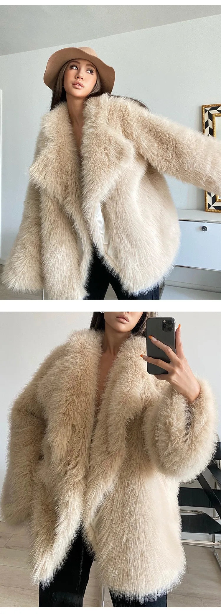 ZADORIN Korean Style Winter Warm Coat Women Mid Length Lapel Loose Faux Fox Fur Coat Luxury Overcoat Fluffy Fur Jacket Tops