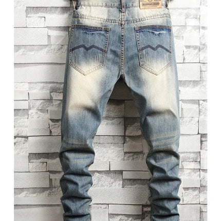2024 New Retro Distressed Ripped Slim Jeans for Men Street Hip-hop Stretch Straight Fashion Motorcycle Denim Trousers Male PlatiNum