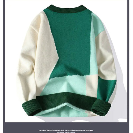 Autumn Winter Warm Mens Knitted Sweaters Fashion Patchwork O Neck Knit Pullovers Korean Streetwear Pullover Casual Mens Clothing