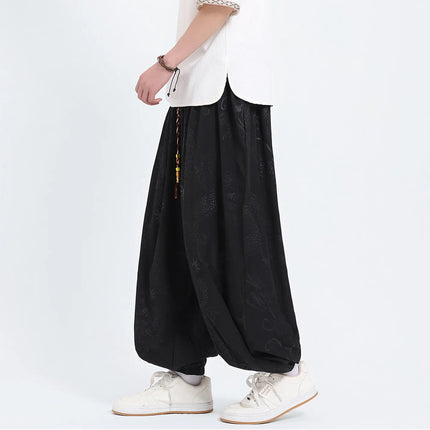 Pantaloni Estivi da Uomo Stile Cinese in Seta Ghiaccio con Motivo Drago Ukiyo-e, Comodi e Trendy, Pantaloni Casual Oversize da Uomo