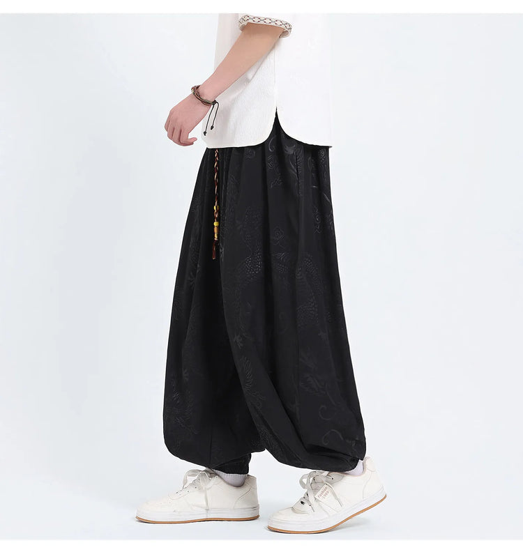 Pantaloni Estivi da Uomo Stile Cinese in Seta Ghiaccio con Motivo Drago Ukiyo-e, Comodi e Trendy, Pantaloni Casual Oversize da Uomo