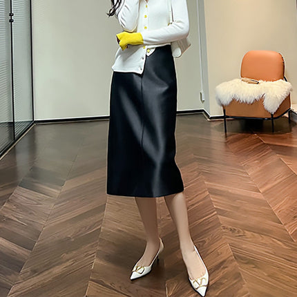 High-end Black and White Temperament Commuting Hip Skirt Looks Thin Medium Length Silk Wool Skirt 53% Wool 47% Mulberry Silk PlatiNum