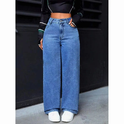 Jeans a gamba dritta a vita alta lavati blu da donna americana Jeans larghi con tasche frontali e posteriori adatti per l'abbigliamento casual quotidiano