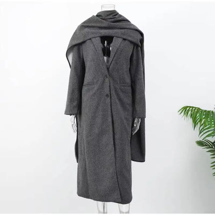 Elegant Big Scarf Collar Women's Coat Fashion Double Breasted Pockets Overcoats 2026 Autumn New High Street Oversize Outerwears