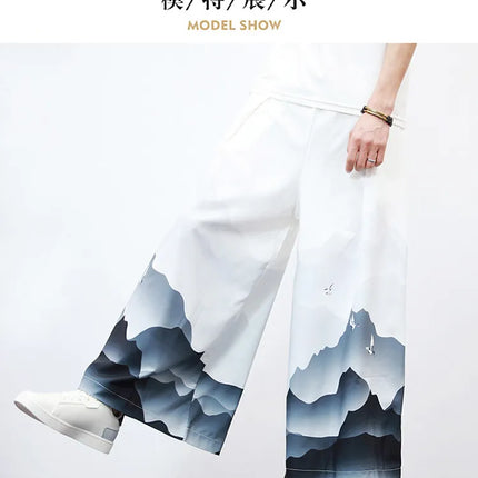 Nuovi Pantaloni da Uomo con Stampa Tradizionale a Gru, Stile Cinese Vintage, Pantaloni Harem Estivi, Pantaloni Larghi Hanfu Oversize da Uomo