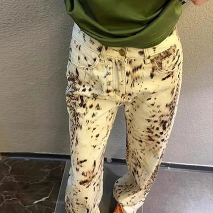 Jeans dritti a gamba larga con stampa leopardata Jeans retrò a vita alta da donna Streetwear Pantaloni vintage Y2k Pantaloni in denim da strada