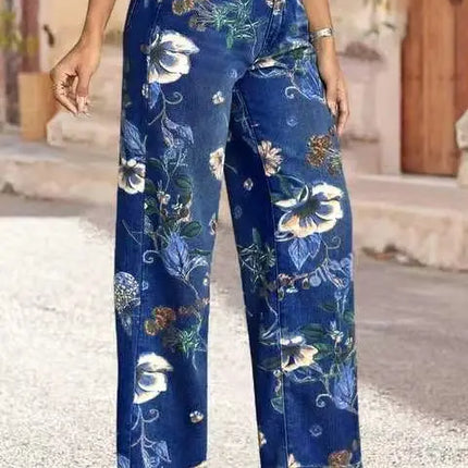 Jeans da donna con stampa Pantaloni a gamba larga Tasche a vita alta a tutta lunghezza Pantaloni dritti lavati in denim effetto consumato Casual invecchiato