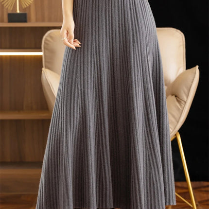 Elegant Women's Pleated Skirt 100% Merino Wool Skirt A-Line Long Skirt Soft Warm Autumn Winter Dress Slim Elastic Waist Office PlatiNum