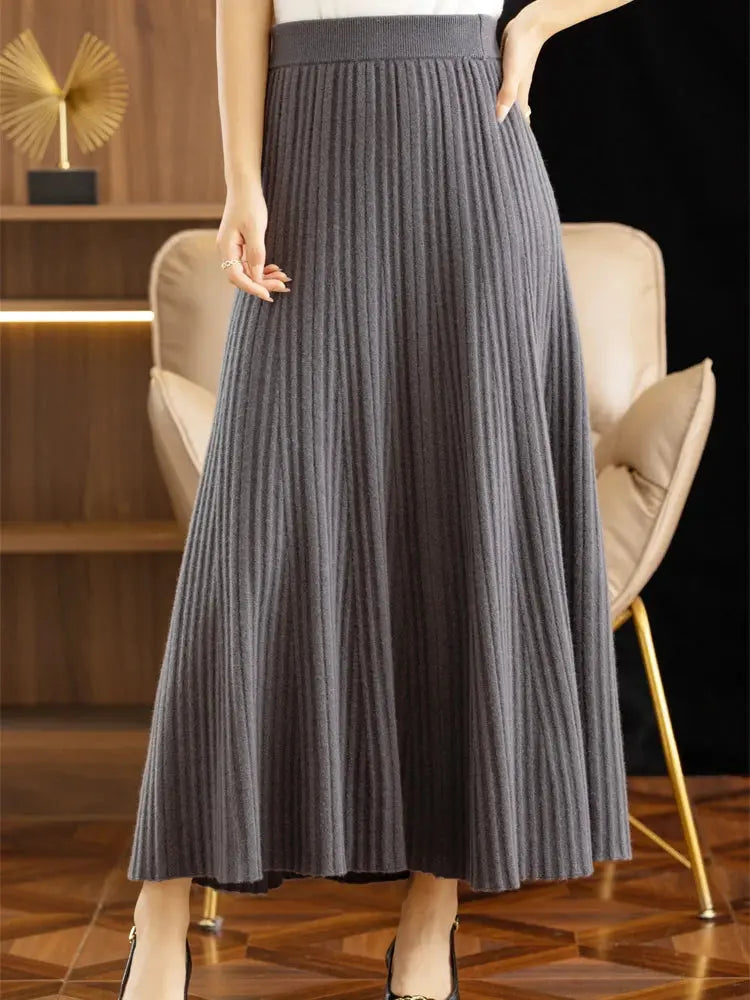 Elegant Women's Pleated Skirt 100% Merino Wool Skirt A-Line Long Skirt Soft Warm Autumn Winter Dress Slim Elastic Waist Office PlatiNum
