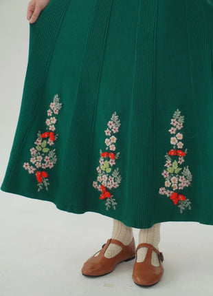 62-96cm Waist Fall Winter Long Skirts Women Elegant Handmade Embriodery Crochet Red Fruit Cashmere Wool Knitted Emerald Skirts PlatiNum