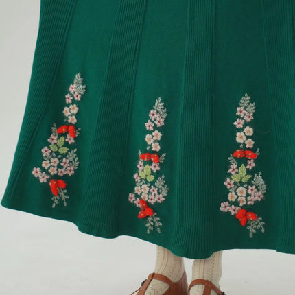 62-96cm Waist Fall Winter Long Skirts Women Elegant Handmade Embriodery Crochet Red Fruit Cashmere Wool Knitted Emerald Skirts PlatiNum
