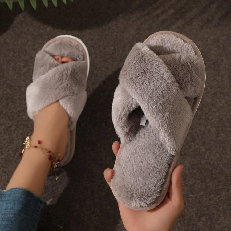 Cross Warm Fluffy Furry Slippers Women Lightweight Flat Heels Fur Slides Woman Autumn Winter Open Toe Non Slip Home Floor Shoes