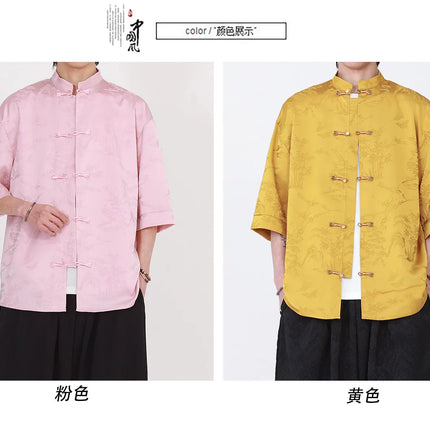 Camicie Estive da Uomo di Lusso in Jacquard Traspirante a Maniche Corte, Stile Cinese Tradizionale Kung Fu Tai Chi, Camicia Casual da Uomo