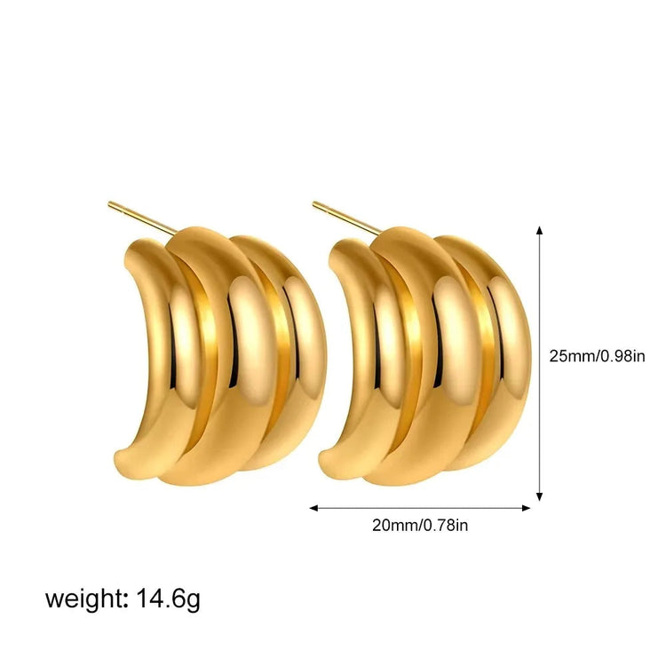 Orecchini a Perno Geometrici a Forma di C Multistrato Placcati in Oro 18K, Antiruggine, in Acciaio Inossidabile per Donne platinumshop