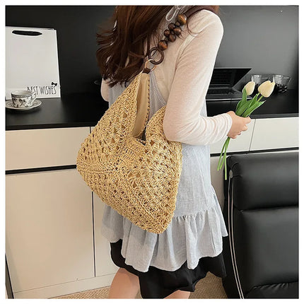 Women's Woven Straw Tote Bag Large Capacity, Summer Beach Vacation Bag, Fashionable Shoulder Bag for Commuting