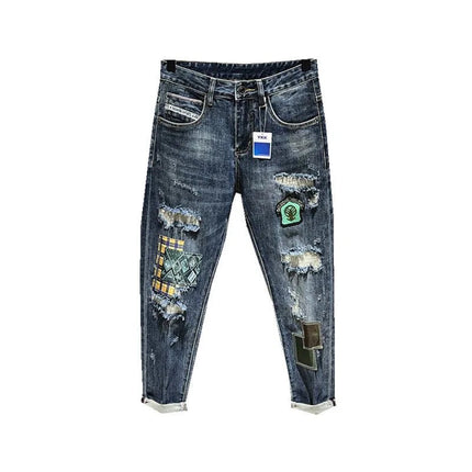 2023 Spring and Autumn New Men's Fashion Trend Ripped Patch Small Foot Pants Men's Casual Slim Comfortable High-Quality Jeans PlatiNum