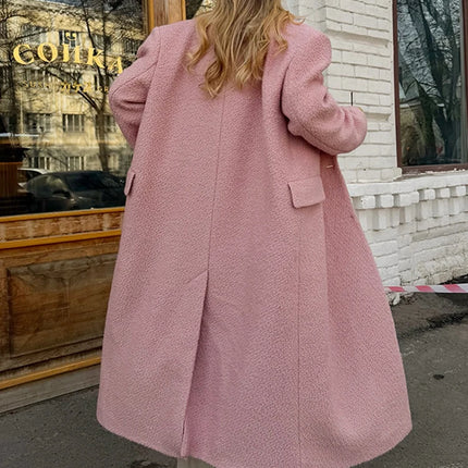 Elegant Women's Woolen Overcoat Solid Lapel Double Breasted Full Sleeve Long Coat 2026 Autumn Winter Fashion Lady Outwear