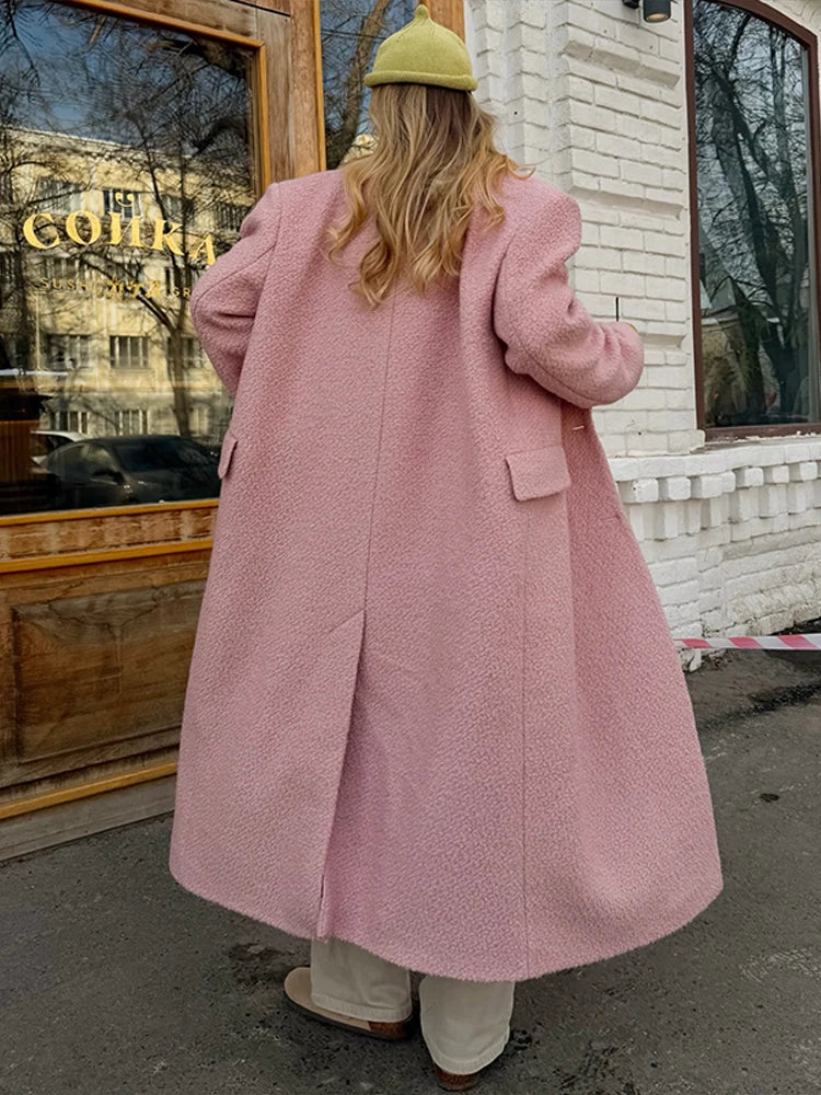 Elegant Women's Woolen Overcoat Solid Lapel Double Breasted Full Sleeve Long Coat 2026 Autumn Winter Fashion Lady Outwear
