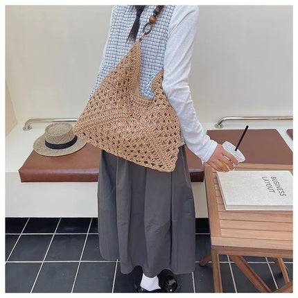 Women's Woven Straw Tote Bag Large Capacity, Summer Beach Vacation Bag, Fashionable Shoulder Bag for Commuting