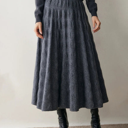 Women Cashmere Skirt A-Line Jacquard Elastic Waist Flared Skirt Autumn Winter 100% Cashmere Knitted Office Lady Curled Hem Dress PlatiNum