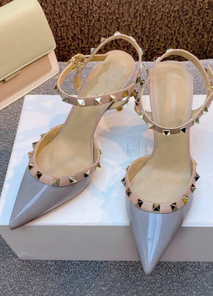 Lady autentici sandali in pelle cinturino con fibbia tacchi alti sottili scarpe alla moda Lock Gold Studs Dress Pumps 33-41 25cm White Blac
