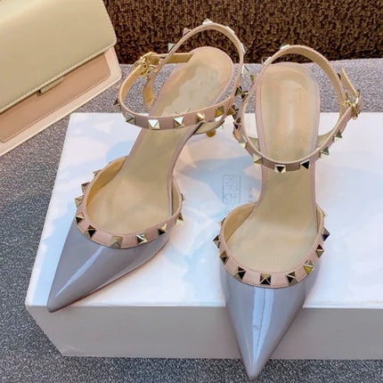 Lady autentici sandali in pelle cinturino con fibbia tacchi alti sottili scarpe alla moda Lock Gold Studs Dress Pumps 33-41 25cm White Blac