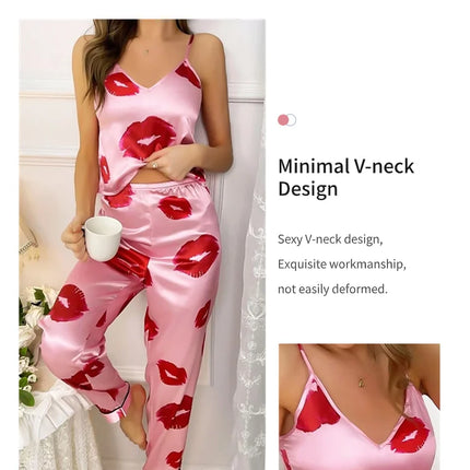 Pigiama da donna in raso con stampa labbra Top Cami con scollo a v e pantaloni elastici per le donne pigiama comodo sonno e abbigliamento da casa