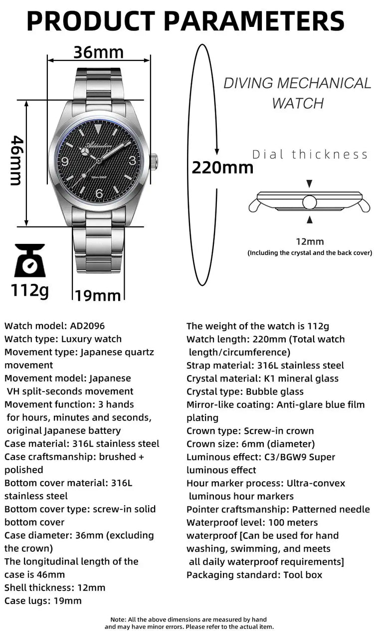 ADDIESDIVE Men's VH31 Quartz Watch Super Luminous 36mm Bubble Glass Wristwatch 100m Waterproof 316L Stainless Steel Watches Male