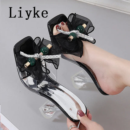 Liyke 2026 Nouvelle Mode 9CM Chaussons à Talon Transparent Filet Rose Nœud Papillon Sandales d'Été Chaussures Transparentes pour Femmes Claquettes Présentations des entreprises de fabrication de jeux