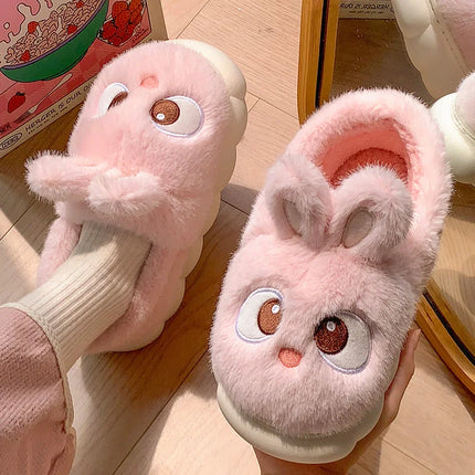 Chaussons d'intérieur en peluche chaude d'hiver en fourrure de lapin panda de dessin animé, pantoufles plates moelleuses thermiques amusantes pour femmes