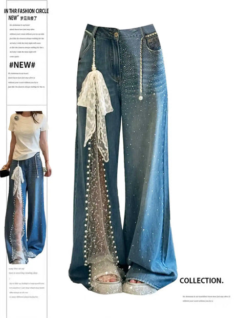 2025 Autunno Inverno Pantaloni in denim da donna Mesh Patchwork Y2K Streetwear Jeans larghi Grunge g