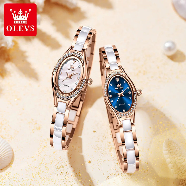 OLEVS 7131 Orologio da Donna Elegante con Movimento al Quarzo, Cinturino in Porcellana, Impermeabile 30m, Quadrante con Diamanti, Orologio alla Moda per Donne platinumshop