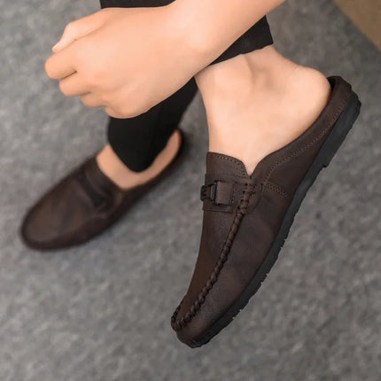 Mezze pantofole da uomo in pelle estiva Scarpe casual da uomo traspiranti Scarpe da guida pigre slip-on Comode mocassini da passeggio Mocassini