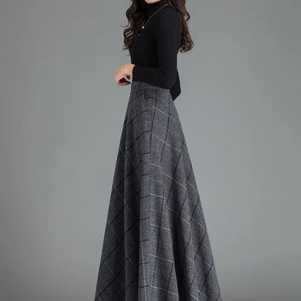 New Women Woolen Plaid Skirt Autumn Winter Fashion Elastic High Waist A-Line Wool Blended Long Skirt Simplicity Vintage Skirt PlatiNum