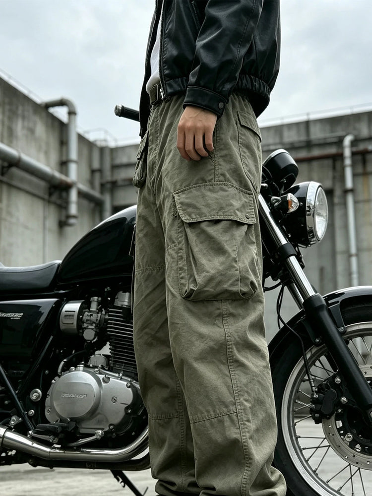 Men's Multi Pocket Cargo Pants Vintage 100% Cotton Loose Straight Tactical Pants Zippered Ankle Cuffs Work Streetwear Trousers