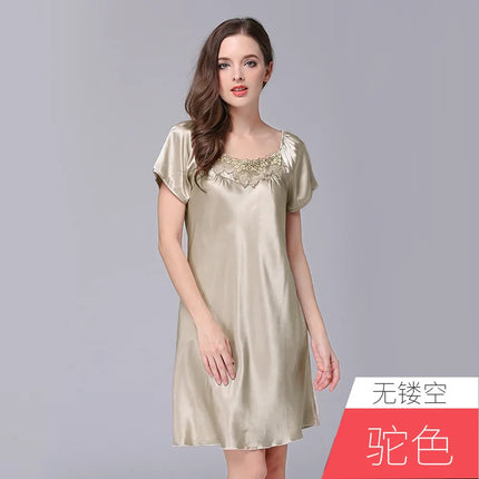 Women's Ice Silk Casual Silk Pajamas Sexy Lace Short Sleeve Women's Summer Pajamas Homewear