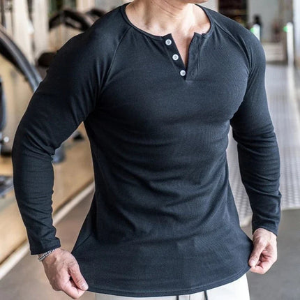 Men Sports High-Elastic Fitness Long Sleeve T-Shirt 2025 Autumn New Slim Fit Henley Collar Tshirt Men Streetwear Casual T-Shirt PlatiNum