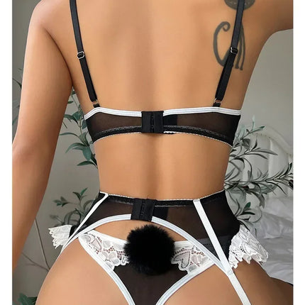 Pink See Through Lace Bra Panties with Garter Set Women's Sexy Lingerie Set Underwear Erotic Porn Costume Babydoll