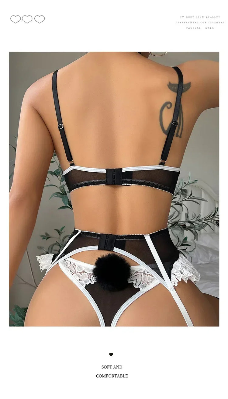 Pink See Through Lace Bra Panties with Garter Set Women's Sexy Lingerie Set Underwear Erotic Porn Costume Babydoll