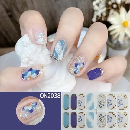 14Tips 3D Flowers Gradient Color Adhesive UV Gel Nail Stickers Fashionable Marble Pattern Nail Wraps DIY Manicure Arts Decals