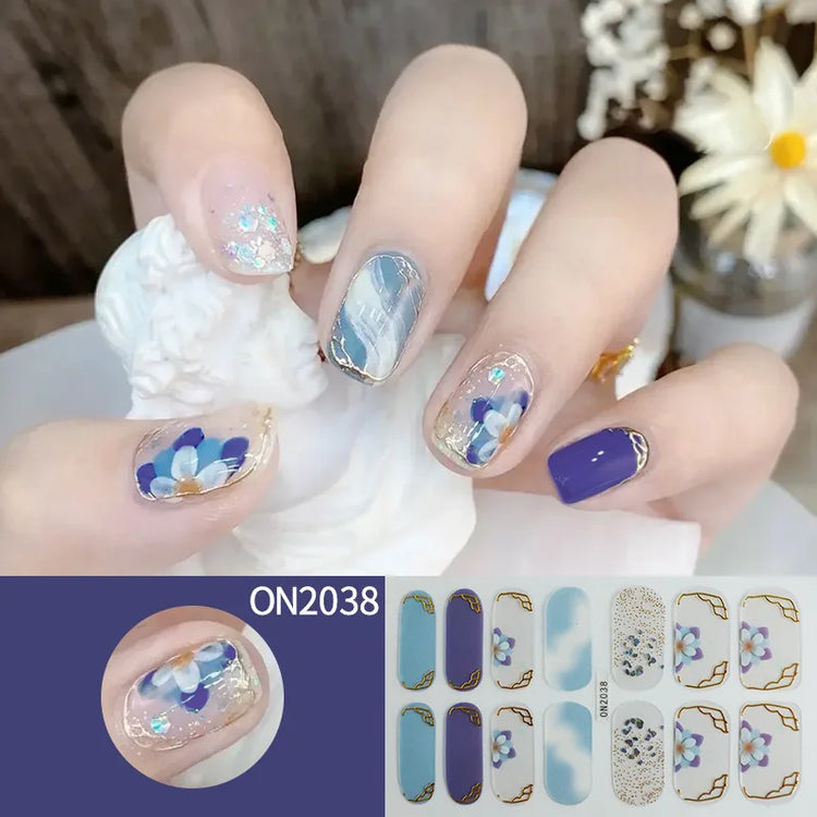 14Tips 3D Flowers Gradient Color Adhesive UV Gel Nail Stickers Fashionable Marble Pattern Nail Wraps DIY Manicure Arts Decals