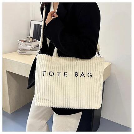 Simple Letter Soft Corduroy Shoulder Bags for Women Versatile Large Capacity Ladies Crossbody Bag Portable Female Handbags Tote PlatiNum