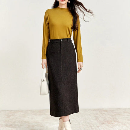SENTUBILA Straight Wool Skirt Women 2025 Winter Vintage Elegant Tweed High-waist Slit-hem Temperament Long Skirts 144Q56942 PlatiNum