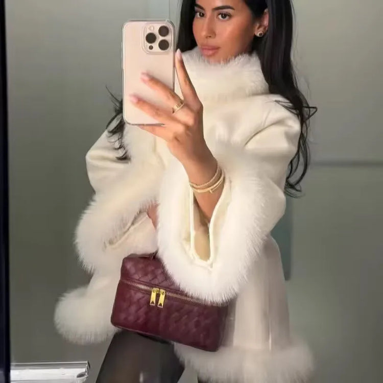 ZADORIN Elegant White Woolen Cape Faux Fur Coat Woman Fur Trim Loose Plush Fur Jacket Woman 2025 Winter Fur Faux Coat Outerwears