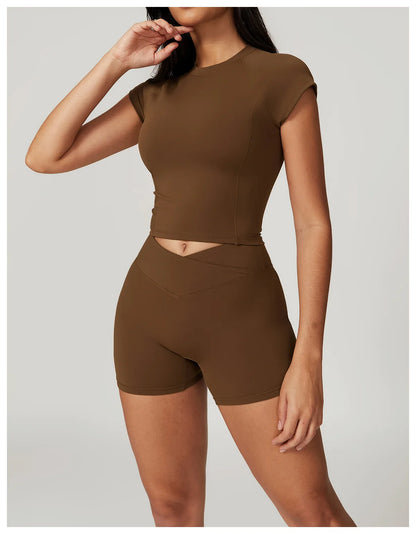 2 Pieces Yoga Set Gym Clothes Sportswear Yoga Suits For Women Fitness Short Sleeve Crop Top Tracksuits Sports Bra Gym Leggings