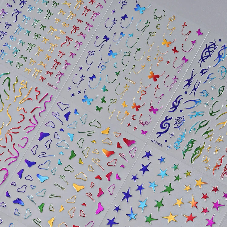 12Pcs 3D Rainbow Bowknot Star Geometry Lines Nail Stickers Love/Frame/Flower Self-Adhesive Nails Sliders 8*10cm Manicure Decals