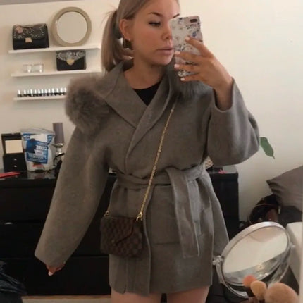 OFTBUY Omen Double Face Wool Coat Natural Fur Coat Wool Blend Jacket Winter Warm Elegant Long Sleeve Fur Cuffs Fashion Outerwear
