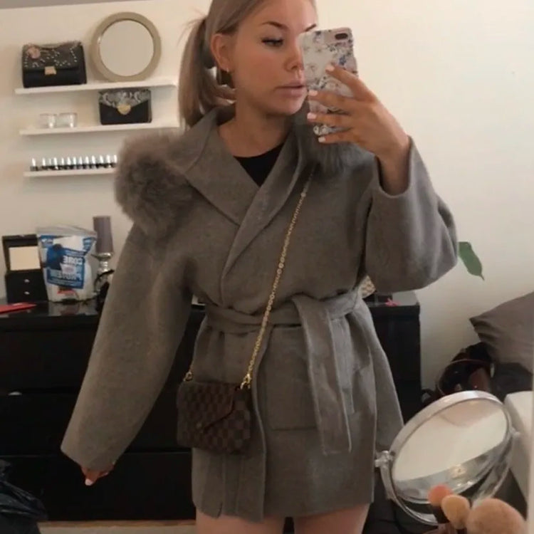 OFTBUY Omen Double Face Wool Coat Natural Fur Coat Wool Blend Jacket Winter Warm Elegant Long Sleeve Fur Cuffs Fashion Outerwear